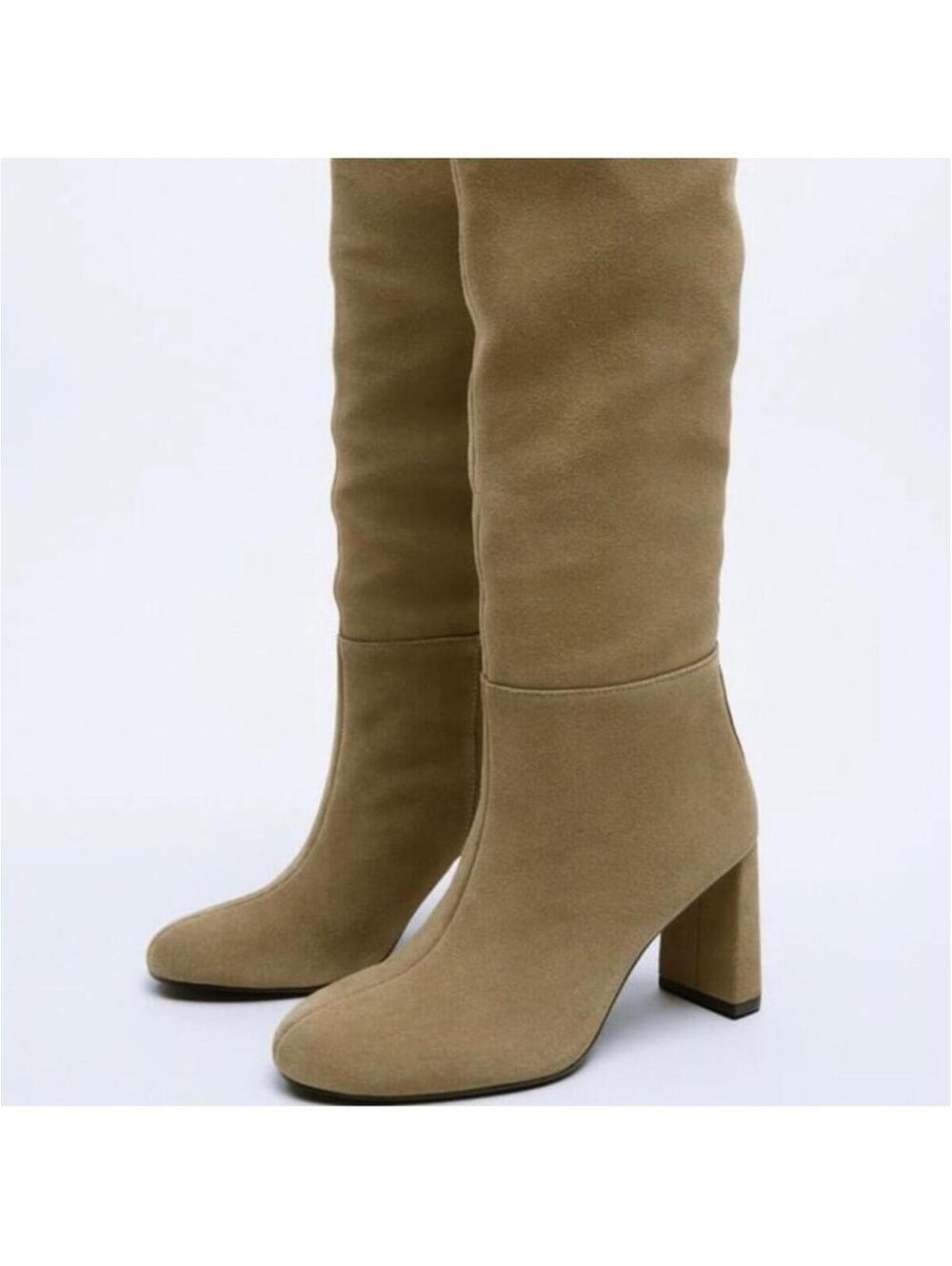 Zara Tan Suede Tall Block Heel Boots EU 39 US 8/8.5